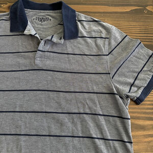 Men's Charles Tyrwhitt Polo Shirt Size L Gray Navy Striped Cotton Short Sleeve